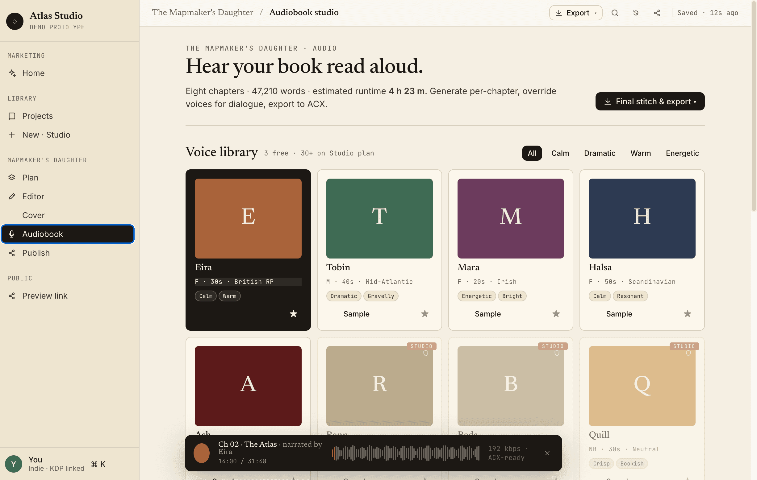 AI Book Generator Audiobook Studio voice library — picking a narrator from a grid of voice cards labeled by tone and accent
