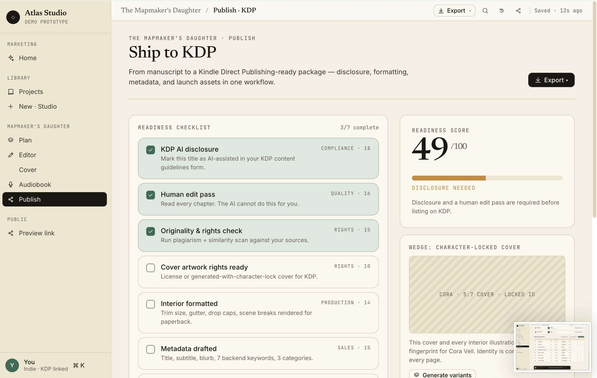 AI Book Generator Publish · KDP checklist with AI disclosure, cover, metadata, interior formatting