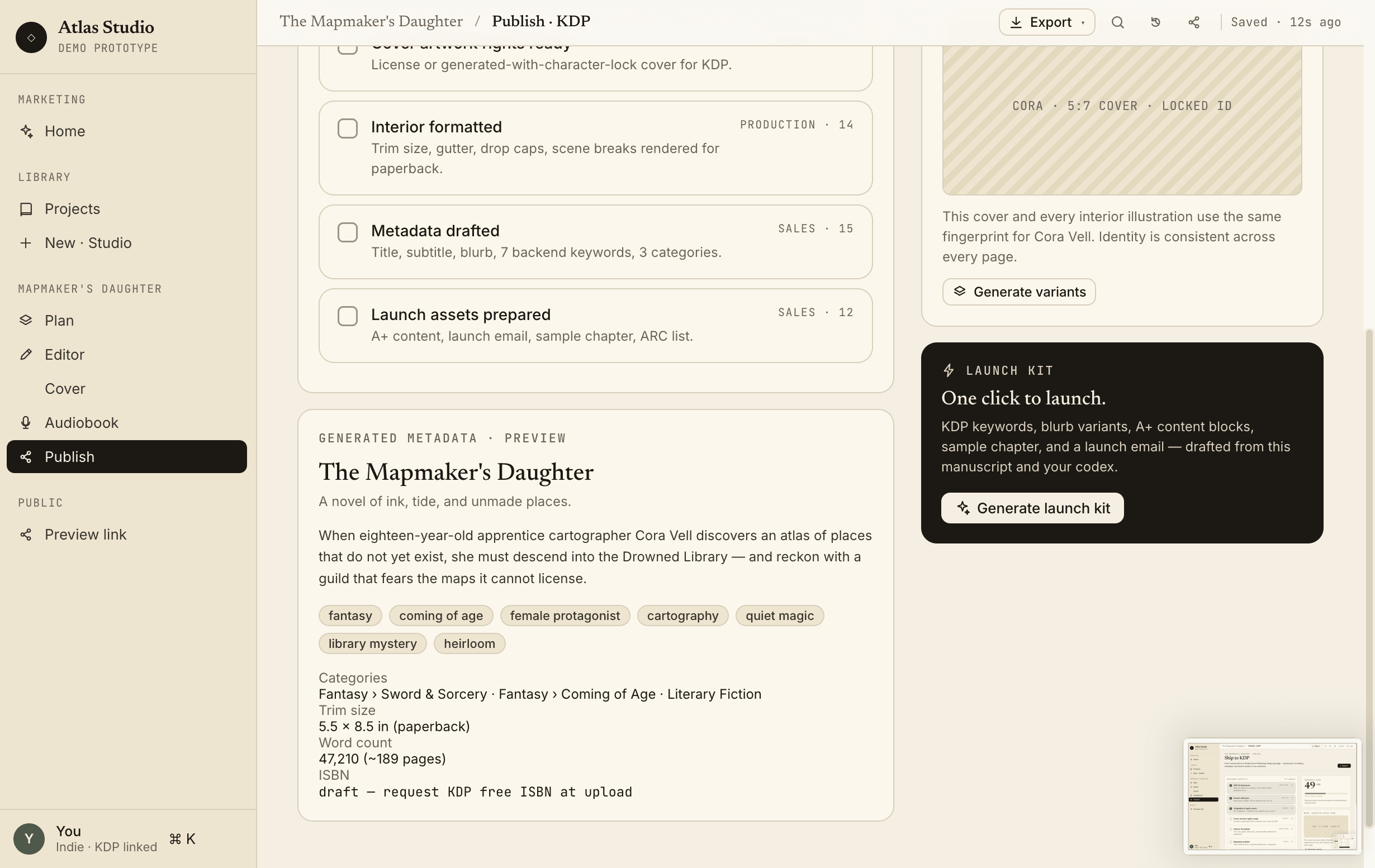 AI Book Generator Publish · generated KDP metadata preview with title, subtitle, blurb, keywords, categories and a launch kit